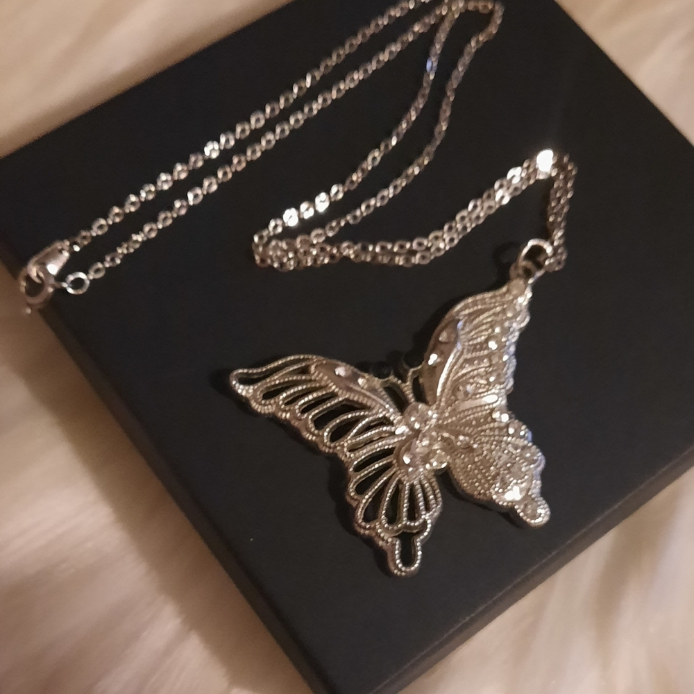 Filigree butterfly pendant clear and black rhinestones silvertone and chain